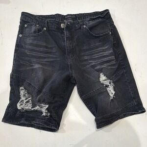 M Society Politically Incorrect Distressed Black Denim Shorts Mens 36 Inseam 12